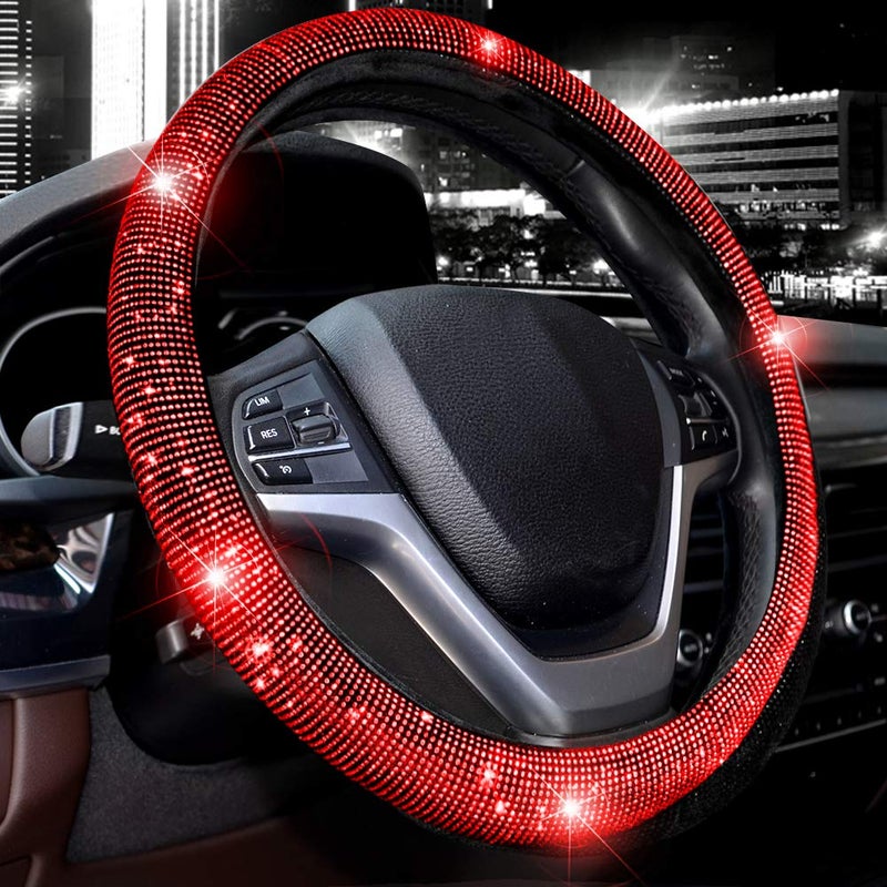 Valleycomfy Steering Wheel Cover for Women Bling Bling Crystal Diamond Sparkling Car SUV Wheel Protector Universal Fit 15 Inch (Black with Red Diamond,Standard Size(14" 1/2-15" 1/4)) - Image 1